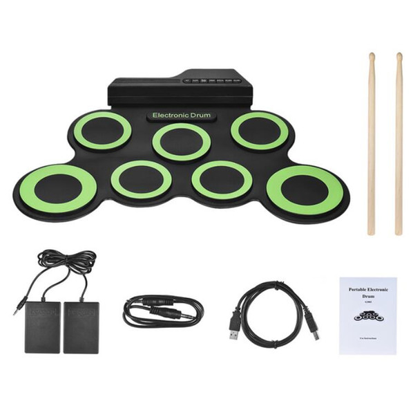 HOT Portable Digital Electronic Roll Up Drum Set Kit 7 Silicon Drum Pads USB Powered with Drumsticks Foot Pedals Compact Size