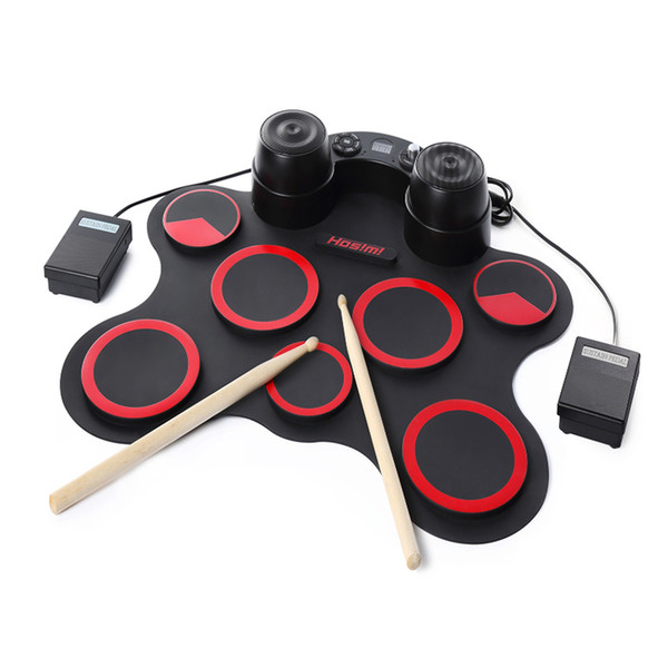 Stereo Electronic Drum Set 7 Silicon Electronics Drum Pads Built-in Speakers USB Recording Function with Drumsticks Pedals