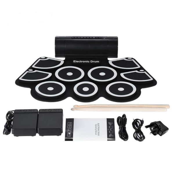 Portable Electronic Roll Up Drum Pad Set 9 Silicon Pads Built-in Speakers with Drumsticks Foot Pedals USB 3.5mm Audio Cable