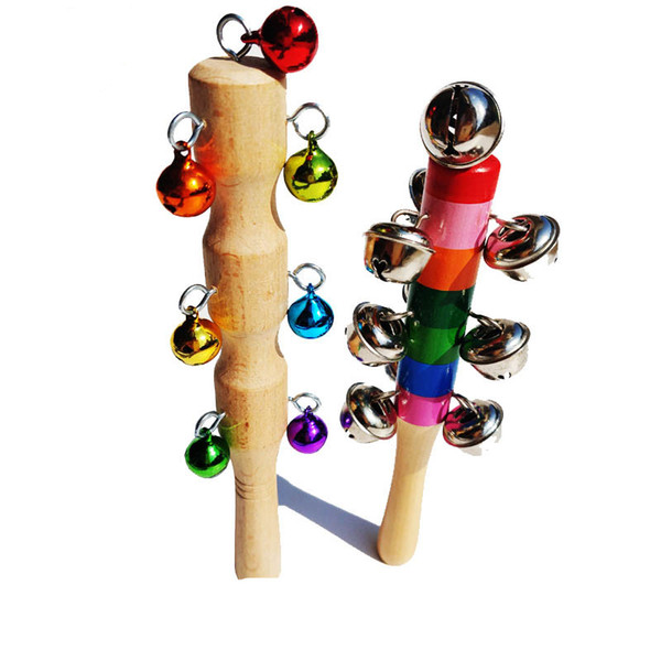 Wooden Hand Held Jingle Bell Stick with 10 Rainbow Metal Jingles Percussion Musical Instrument Toy for KTV Party Xmas Gift