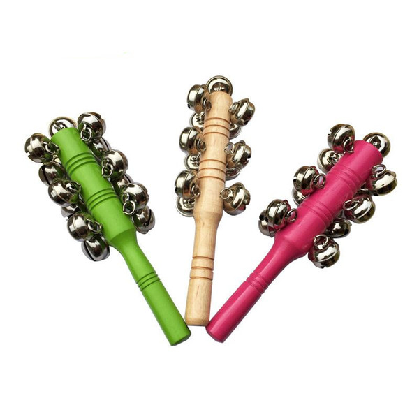 Kids Colorful Wooden Hand Held Sleigh Jingle Bell Stick with 13 Metal Jingles Percussion Musical Instrument Toy for KTV Party Kids Xmas Gift