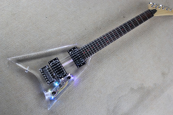 Hot Promotion!!! 2015 New Arrival Children V Type Crystal Electric Guitar Organic Glass Body Electric Guitar With colorful LED Light