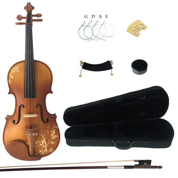 wholesale 4/4 Full Size Carved Solid Wood Violin Kit Ebony Fittings with Shoulder Rest Case Bow Rosin Bridge Strings