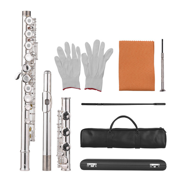 Muslady 17-Hole Concert C Flute Open/ Closed Pore Woodwind Instrument with Cleaning Cloth Gloves Mini Screwdriver Carry Bag