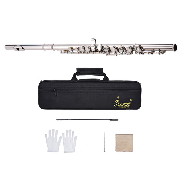 Western Concert Flute Silver Plated 16 Holes C Key Cupronickel Woodwind Instrument with Cleaning Cloth Stick Gloves Screwdriver