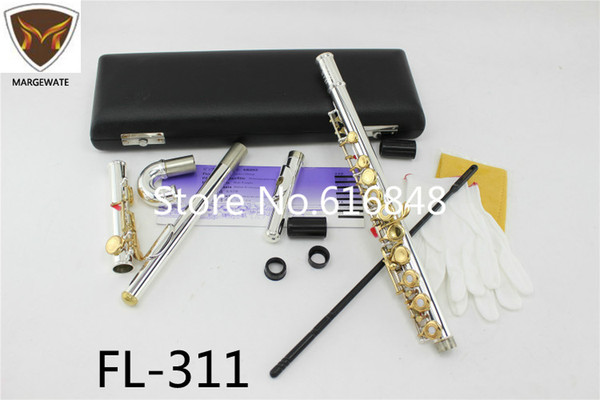 FL-311 Standard C Tune Flute Small Elbow Curved Head 16 / 17 Key Holes Open Closed Flute Silver Body Gold Key Instrument Flauta