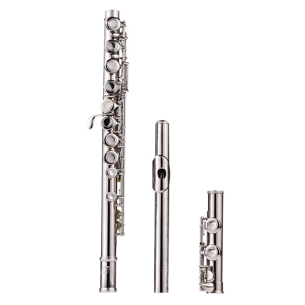 Western Concert Flute Silver Plated 16 Holes C Key Cupronickel Woodwind Instrument with Cleaning Cloth Stick Gloves Padded Bag