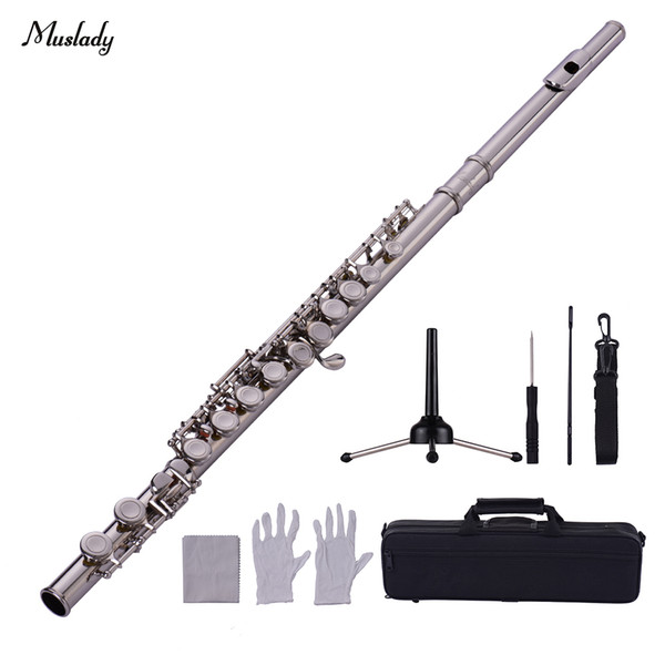 Muslady 16-Hole Flute C Key Cupronickel Material Wind Instrument with Flute Stand Cleaning Cloth Gloves Screwdriver Padded Case