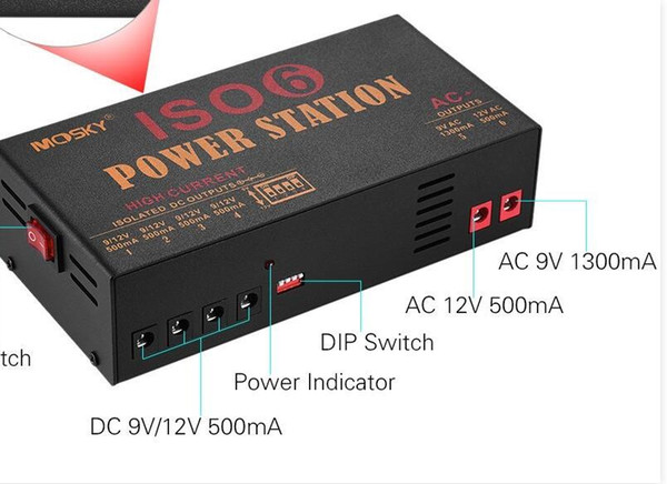 MOSKY ISO-6 ISOLATED Outputs Pedal Power Supply Power For 9V,12V,18V ,4-9V Adj Internal toroidaltransformer