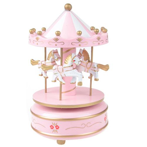 New Vintage Pink Wooden Merry-Go-Round Carousel Classic Music Box Kids Children Girls Christmas Birthday Wedding