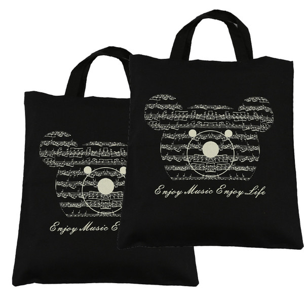 Hot Selling Fashion Cotton Handbag With Music Bear Shopping bags 2pcs Cotton Bag- Black