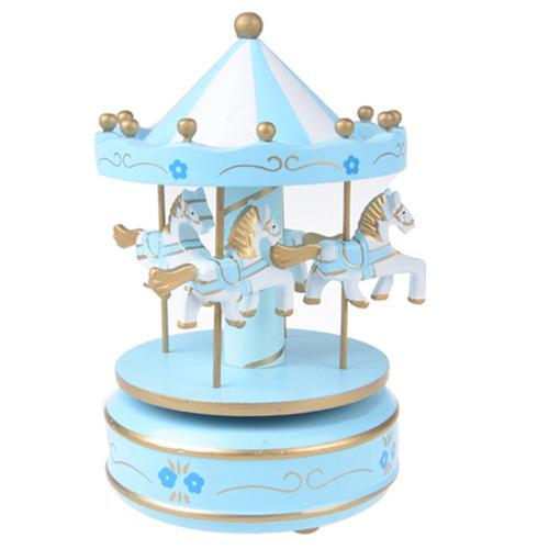 Carousel Music Box 4 Horses Rotating Music Box Birthday Valentine's Christmas Children Gifts Toy Sky Blue