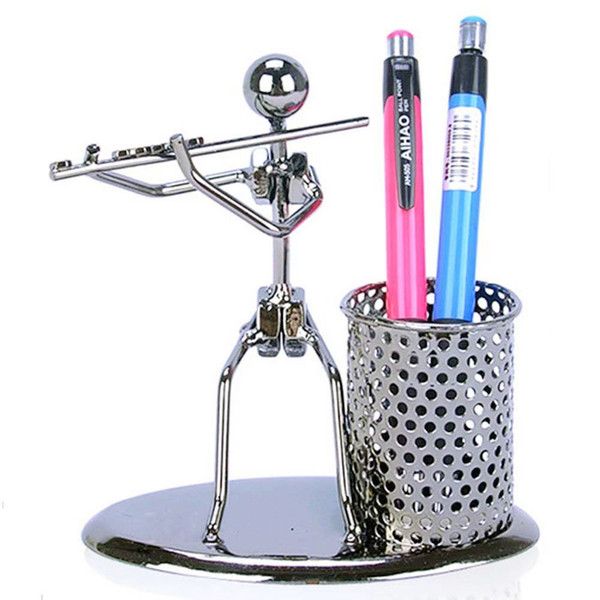 Office Home Decor Handmade Crafts Wrought Metal Flute Musician Figure Pen Holder