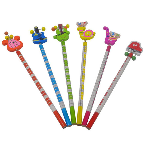 Hot Colorful Music Themed Pencils with Cute Cartoon Musical Instruments Patterns Pack of 6pcs