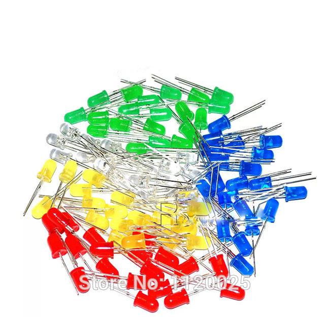 5 Colors x100pcs =500pcs/lot LED Components New 5 mm Round Red/Green/Blue/Yellow/White Color LED Light Diode Kit Free Shipping