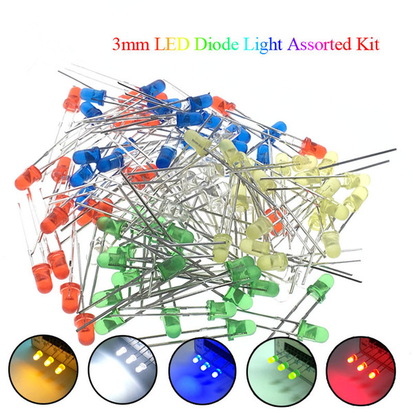 5Colors*20PCS=100PCS / 1Color=100pcs 3mm LED Diode Light Assorted Kit Green Blue White Yellow Red Electronic Component DIY kit