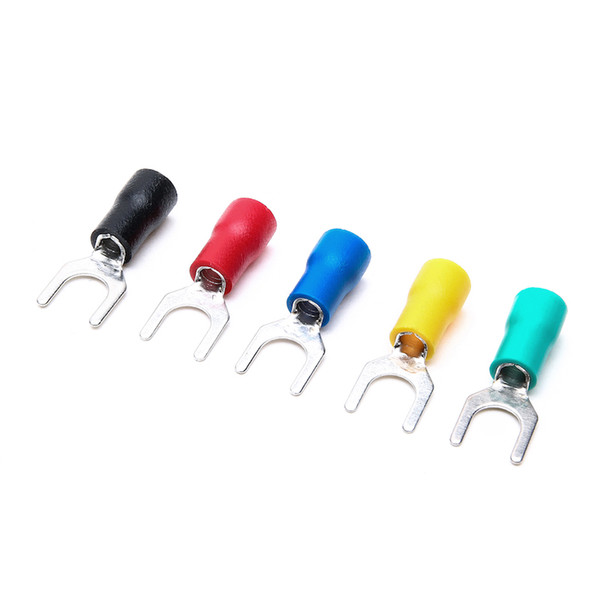 500PCS Electrical Furcate Pre-insulated End Fork Crimp Cable Wire Connector Insulated Spade Terminal Block SV2-5S green red blue