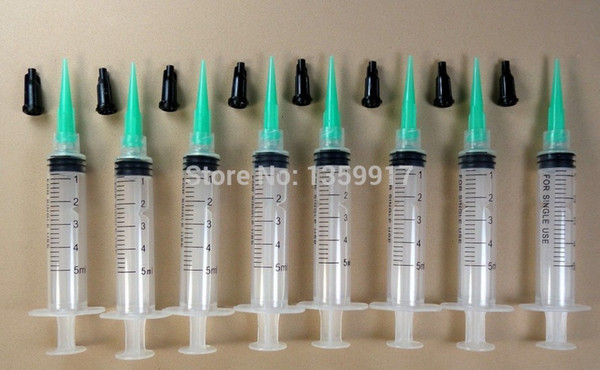 Ten 5ml Syringes with Luer Slip Tip, 18 Gauge Tapered Green Dispensing Tips and Black Caps