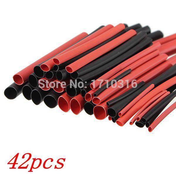 Hot Sale 42pcs 6 Sizes Ratio 2:1 Red Black Polyolefin H-type Heat Shrink Tubing Tube Sleeve Sleeving Cable Wrap Wire Kit