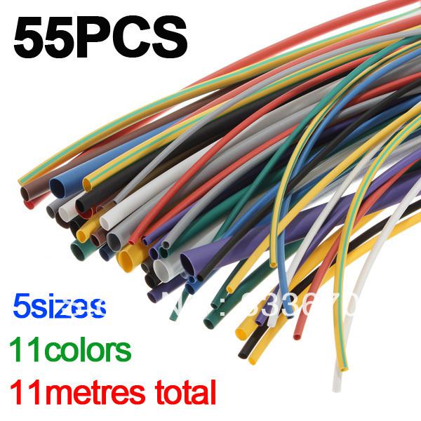 55pcs Free Shipping 2:1 5 Sizes 11 Colors Assortment Polyolefin H-type Heat Shrink Tubing Tube Sleeving Wrap Wire Cable Kit