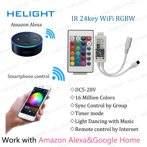 LED Wifi RGB/RGBW+IR 24key strip controller By Amazon Alexa Google Home Phone WIFI Music controller for 5050 3528 RGB Strip