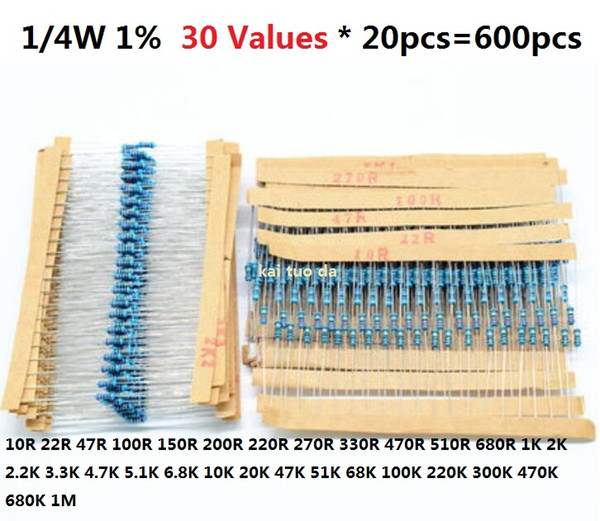 30Values*20pcs=600pcs 1/4W metal film Resistor Kit 1% assorted Kit Set 1K 10K 470R 510R 680R 2K 2.2K 3.3K 4.7K 5.1K 6.8K 20K 47K