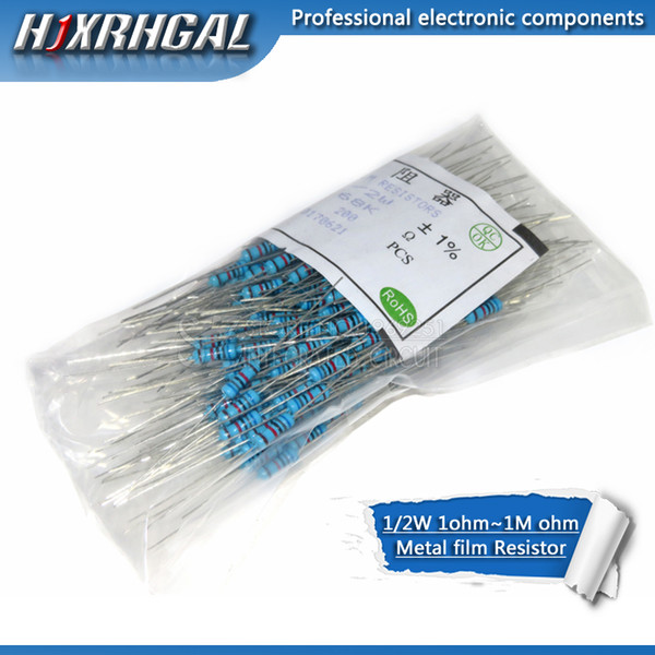 200pcs 1/2W Metal film resistor 1R~2.2M 100R 220R 330R 1K 1.5K 2.2K 3.3K 4.7K 10K 22K 47K 100K 100 220 330 1K5 2K2 3K3 4K7 ohm