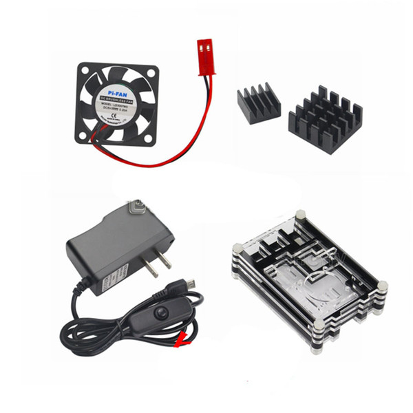 4pcs/set Raspberry Pi 3 Model B Accessory Kit Radiator Fan+Heat Sink+5V2.5A Switch Power Supply+Acrylic Case