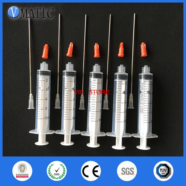 Quality 5sets 10ml/10cc Luer Lock dispensing Syringes with 10cm tubing length 16G Blunt Tip and Red Syringe Tips