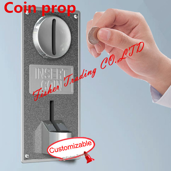 Room escape game prop, coin prop, insert coin to escape, drop coin into slot to leave the dark room