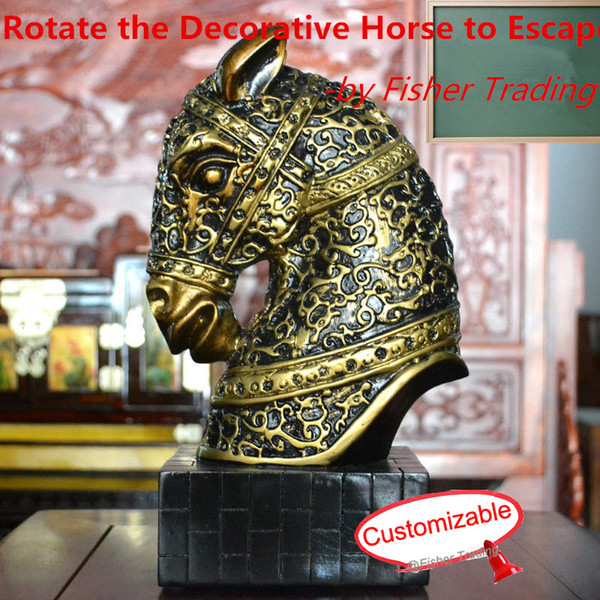 Rotate the decorative horse to open the door/ lock, horse head prop, mysterious horse, real life room escape game