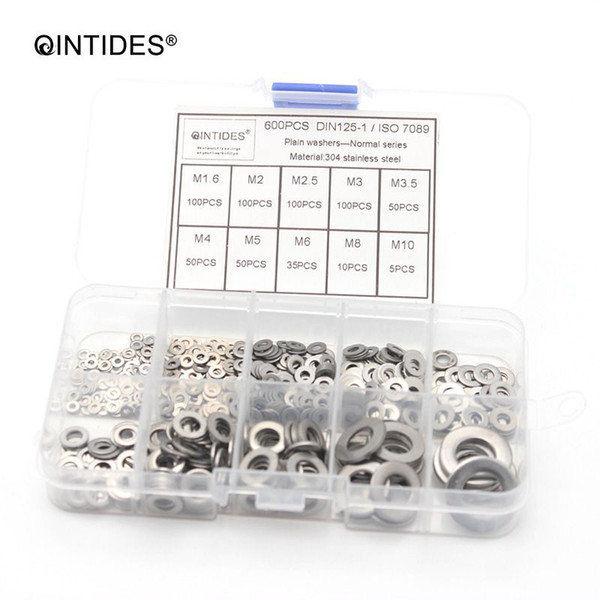 QINTIDES 600Pcs/set DIN125 M1.6-M10 Stainless Steel Flat Washer Plain Washer Gaskets Assortment Kit hardware