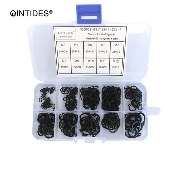 QINTIDES 300PCS M3 - M12 Circlips for shaft type A Assorted kit 65 manganese steel shaft retaining ring Bearing retainer circlip