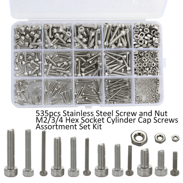 535pcs Stainless Steel Screw + Nut M2/3/4 Hex Socket Cylinder Cap Screws Assortment Set Tools Kit