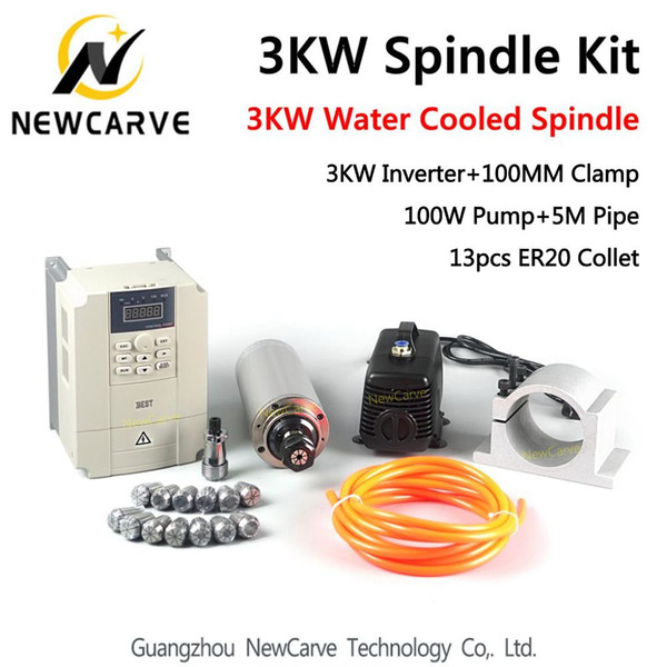 3KW Spindle Kit 3KW 220V 100MM CNC Router Water Cooled Spindle Motor + VFD+100MM clamp+100W water pump/pipe+13pcs ER20 NewCarve Spindle