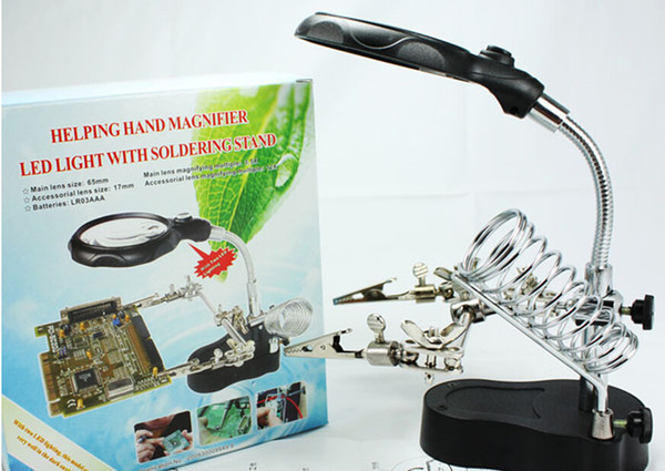 HD with LED lights 10 times magnifier iron 36pcs a bag , welding multifunction desktop maintenance magnifying glass, electric iron stand