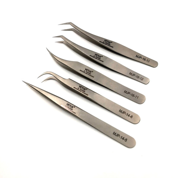 Pack of 5 VETUS MJP Straight Dolphin Curved Elbow Tweezers Anti-magnetic for Makeups Repairing Lab Tools with Free Plastic Storage Box