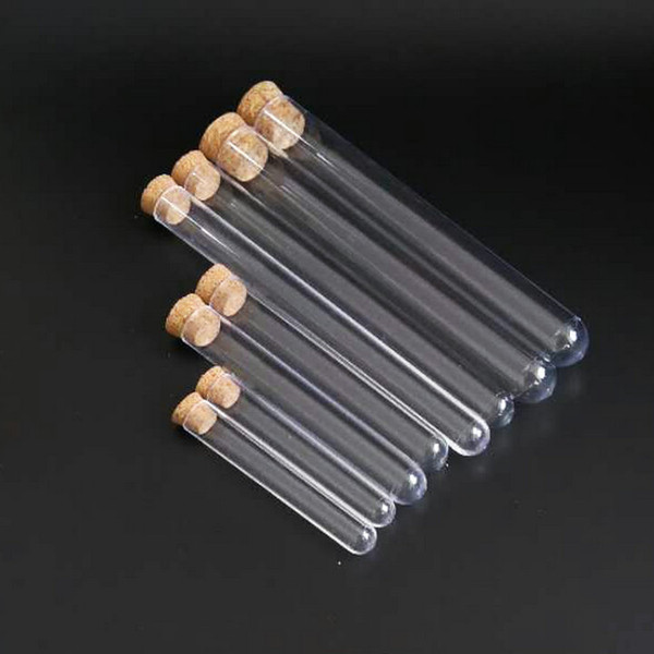 Free shipping 200pcs/lot 12*100mm Hard Plastic test tubes with cork stopper for kind shcools/university experiments