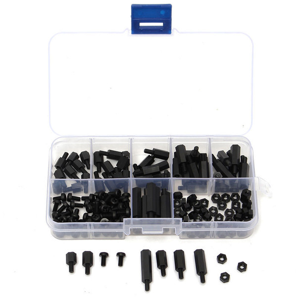 180Pcs/Set M3 Nylon Black Hex M-F Spacers/ Screws/ Nuts Ass