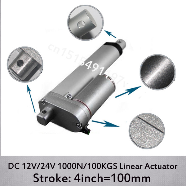 DC 12V/24V 4inch/100mm electric linear actuator , 1000N/100kgs load 10mm/s speed linear actuators without mounting brackets
