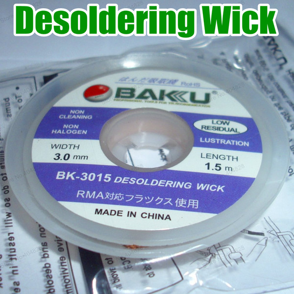 (10 pieces/lot), BAKU BK-3015 Braided Copper Wire Desoldering Wick, 3.0mmx1.5m .Saturated With Wash RMA Flux.