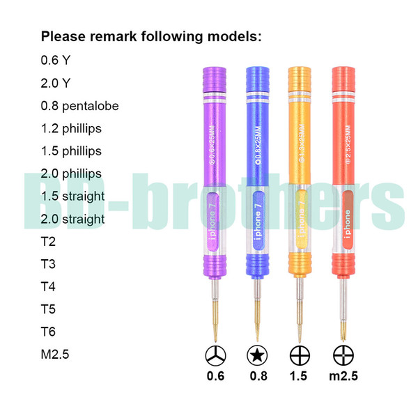 0.6Y 2.0Y 0.8 Pentalobe 1.2 1.5 2.0 Phillips 1.5 2.0 Straight T2 T3 T4 T5 T6 M 2.5 Metal Handle S2 Screwdriver 100pcs/lot