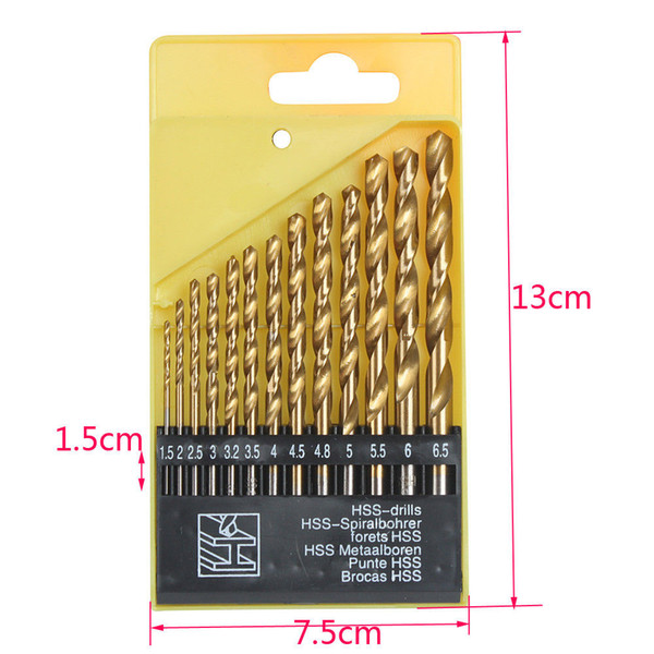 13pcs/lot Set Sale HSS High Speed Steel Titanium Coated Drill Bit Set 1/4 Hex Shank 1.5-6.5mm