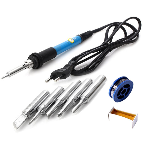 220V / 110V 60W Adjustable Temperature Electric Soldering Iron Solder Station With 5pcs Tips Solder Wire Paste Flux