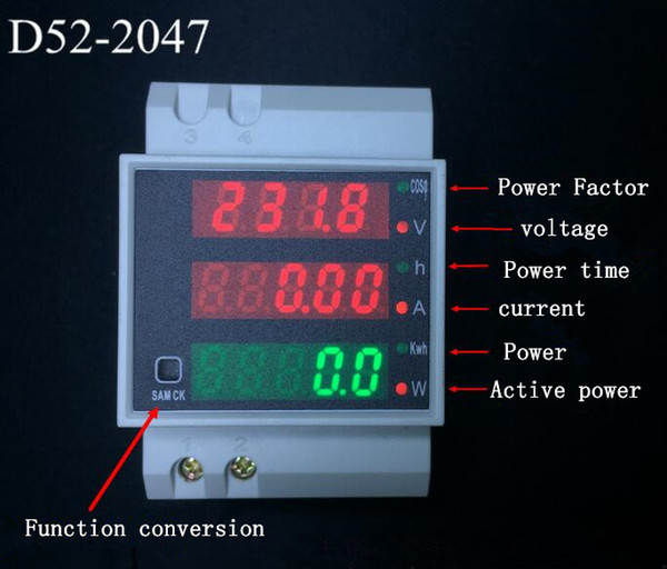 D52-2047 Din Rail LED Active Power Factor Energy meter Voltage Volt Current Meter Voltmeter Ammeter AC 80-300V 0-100.0A