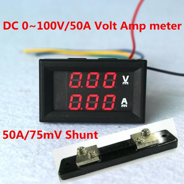 Wholesale-Good quality Mini 2in1 DC 0-100V/50A Red LED Voltage Current Monitor Meter Voltmeter Ampere meter With Shunt resistor