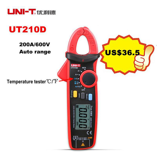 Wholesale-UNI-T UT210D Mini Digital Clamp Multimeter 200A Auto Range AC/DC Voltmeter Ammeter Resistance Capacitance C/F Temperature Tester