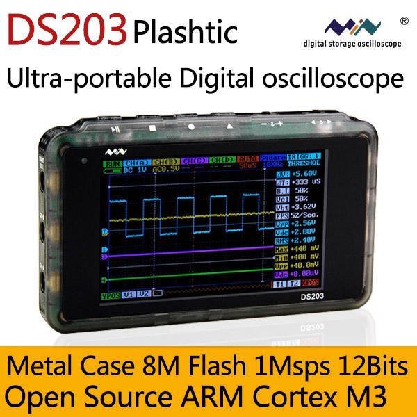 Wholesale-Plastic DS203 V2.81 8M Flash Mini Nano Digital oscilloscope DSO203 ARM Cortex Quad 4 Channels 72MHz Bandwidth