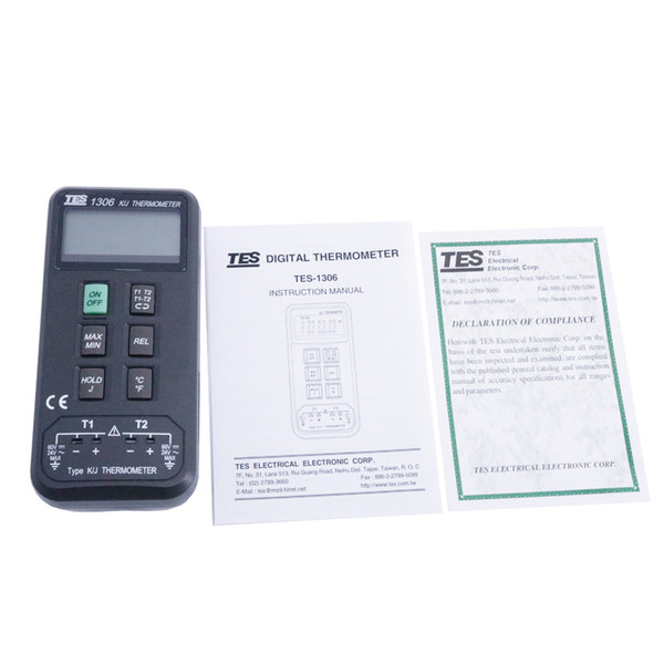 TES-1306 Digital Industrial Thermometer K/J Dual Channels thermocouple Type J : (-200 ordmC to 760 ordmC ) , (-328 ordmF to 1400 ordmF )