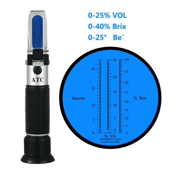 Hot Portable 3 In 1 Hand Held Grape & Alcohol Refractometer (0-25% Vol , 0-40%Brix, 0-22Baume) Alcohol Concentration Meter Alcohol Tester